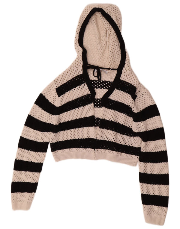 Pulover cardigan cu glugă pentru femei Zara UK 14, bumbac mare cu dungi albe
