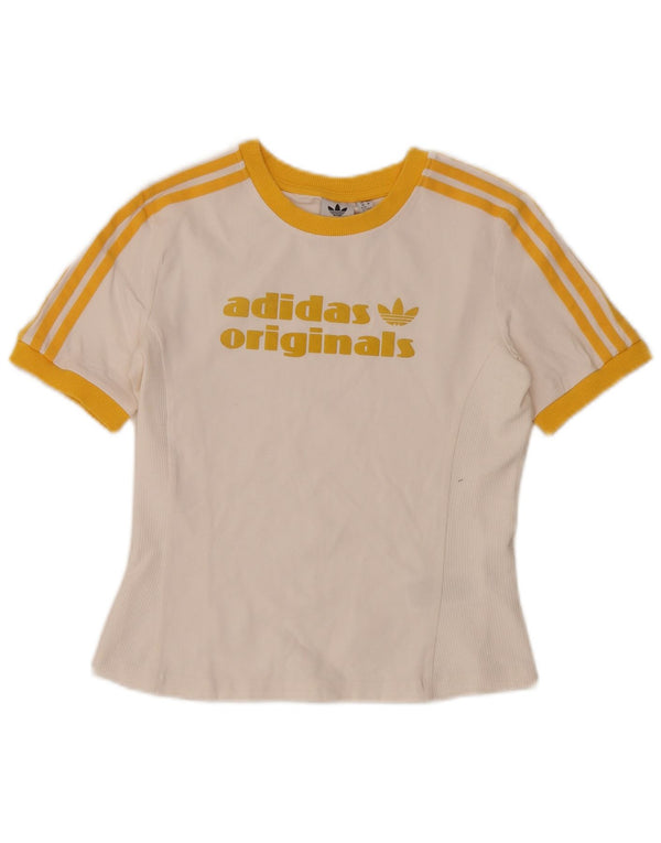 Adidas Dame Crop Graphic T-Shirt Top UK 12/14 Medium White Colourblock