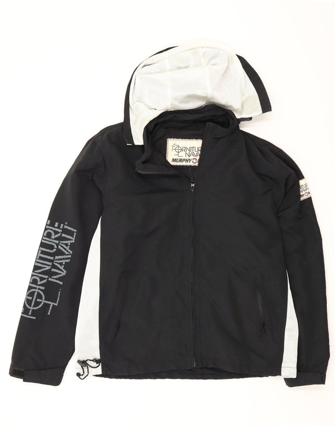 Murphy & Nye Mens Graphic Hooded Rain Jacket UK 36 Small Black Colourblock