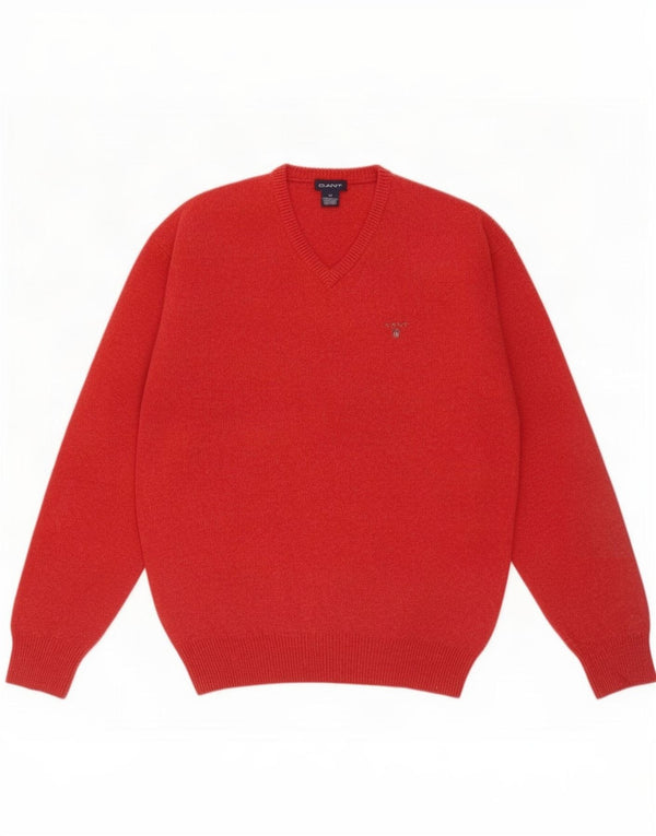 Gant Mens V-Neck Jumper Sweater Medium Red Lambswool