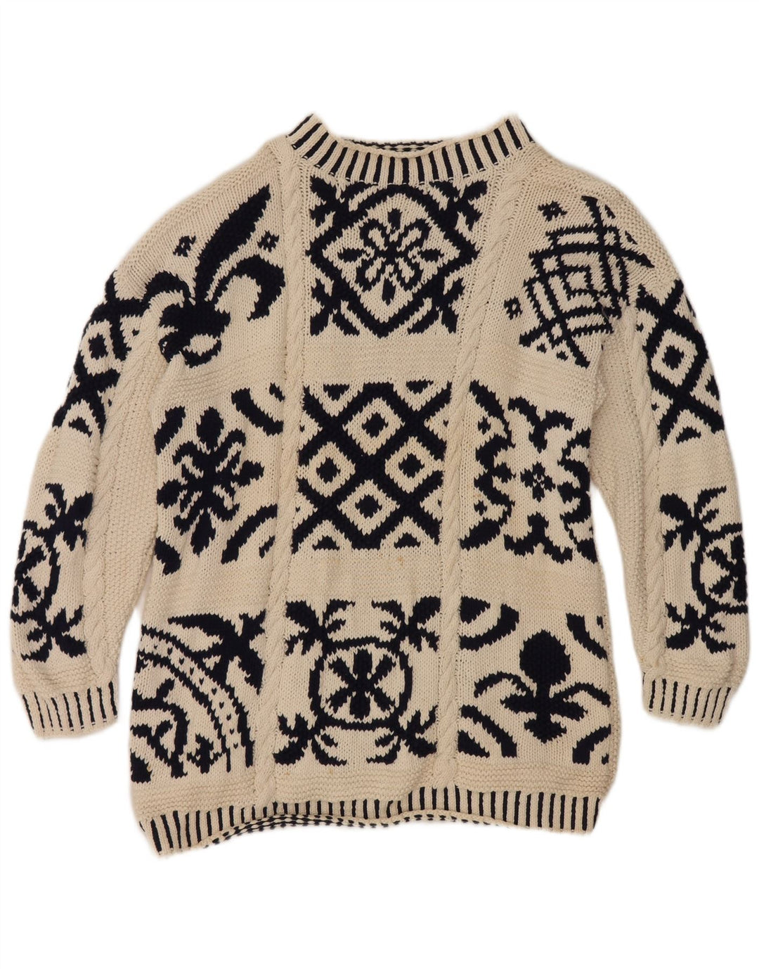 Maglione maglione collo alto da donna vintage EU 38 medio bianco sporco geometrico
