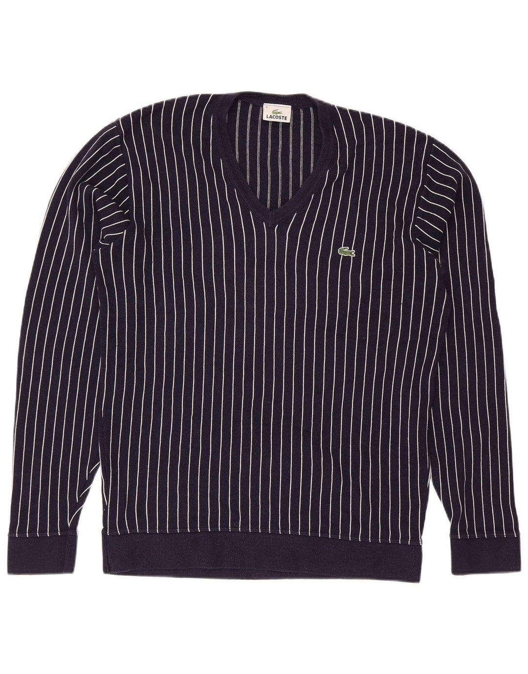 Lacoste Mens V-Neck Jumper Sweater Size 4 Medium Navy Blue Striped