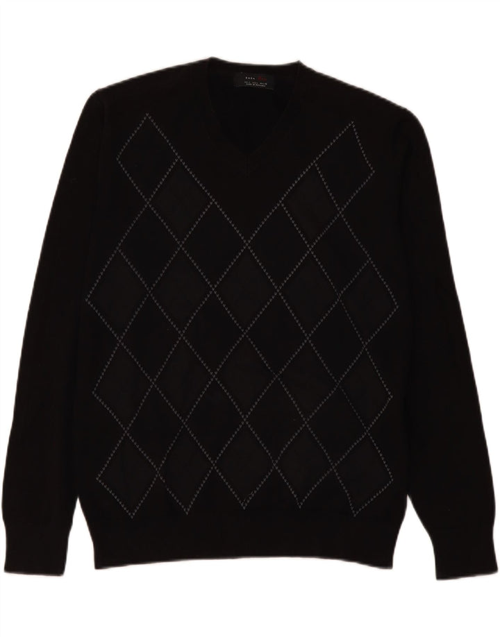 Zara Mens V-Neck Jumper Sweater Large Black Argyle/Diamond