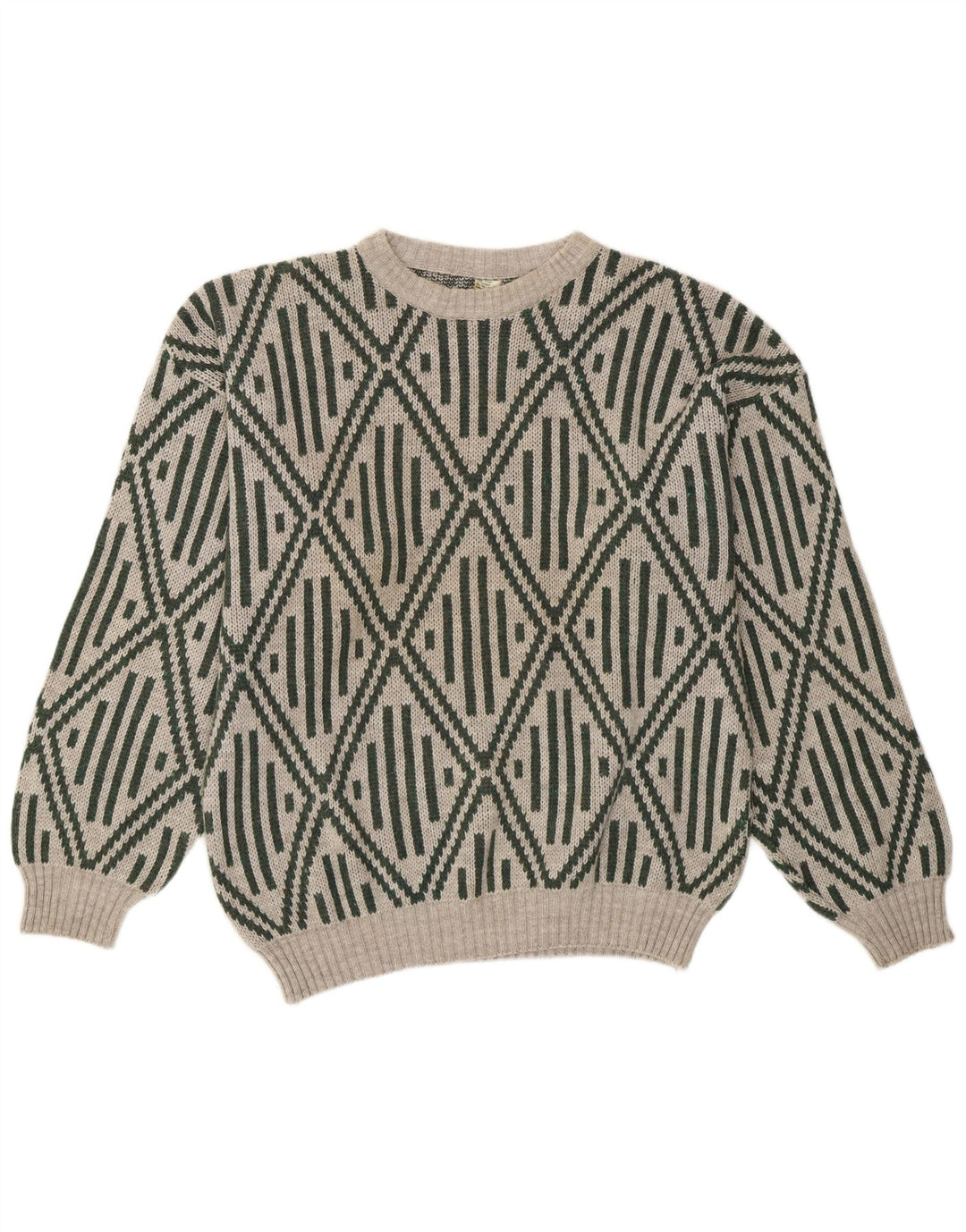 Vintage Mens Crew Neck Jumper Sweater Medium Grey Geometric Acrylic
