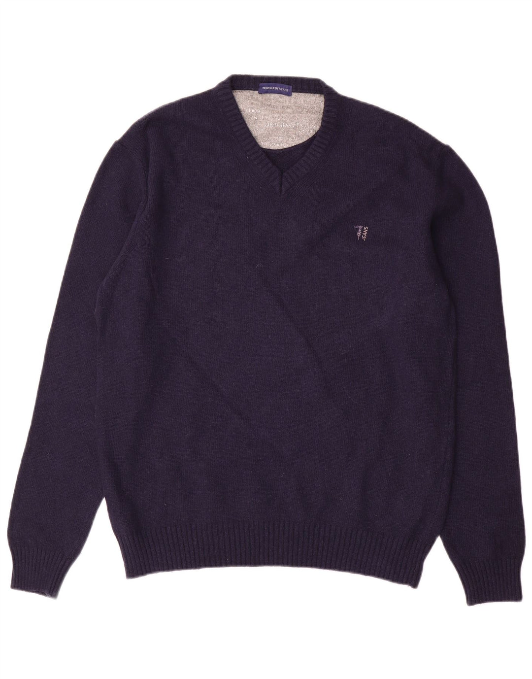 Trussardi Jeans Mens V-Neck Jumper Sweater Large Navy Blue Wool