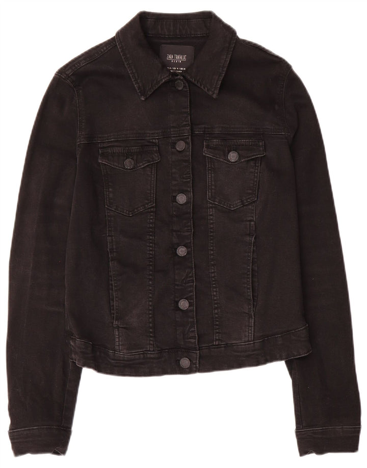 Zara Womens Trafaluc Crop Denim Jacket UK 12 Medium Black Cotton