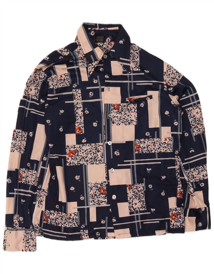Vintage γυναικείο πουκάμισο μπλούζα UK 14 Medium Navy Blue Patchwork