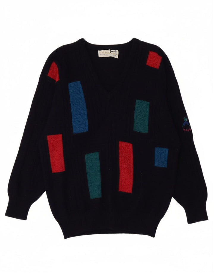 PRINGLE Womens V-Neck Jumper Sweater UK 14 Medium Navy Blue Colourblock
