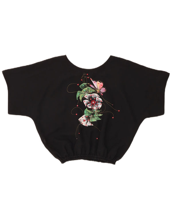 Vintage Womens Crop Blouse Top UK 14 Medium Black Floral