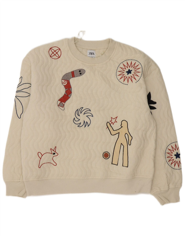 Felpa grafica da donna Zara, maglione UK 14, cotone bianco medio