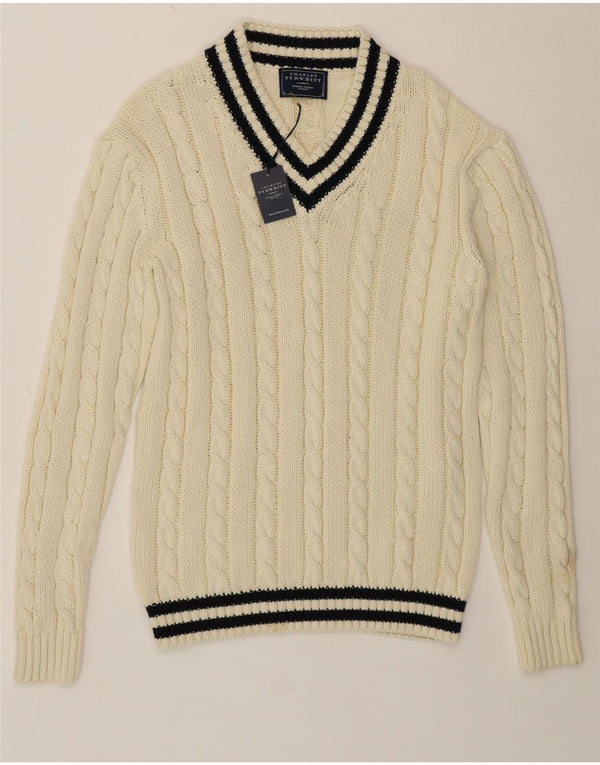 Charles Tyrwhitt Mens V-Neck Jumper Sweater Medium Off White Striped Cotton