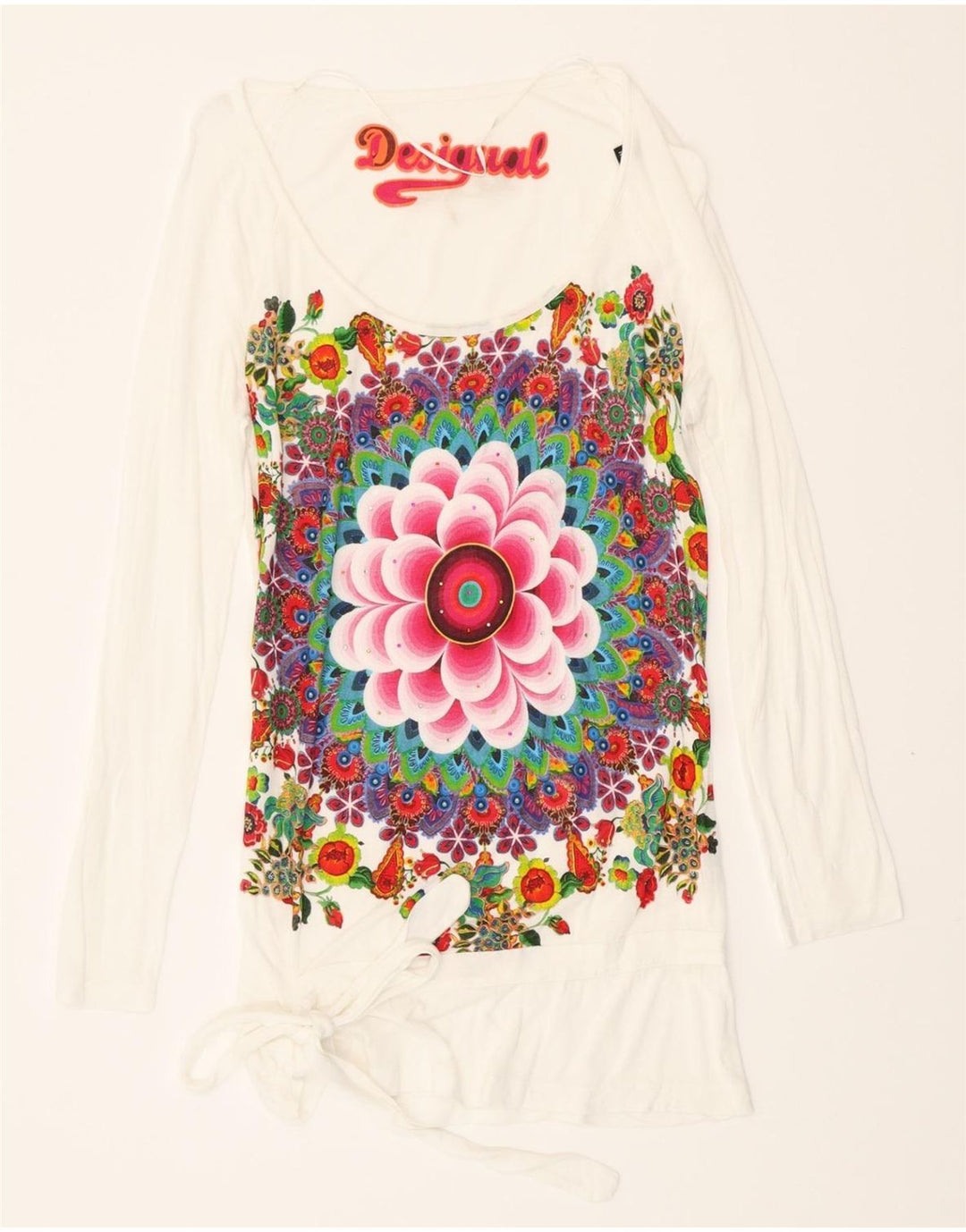 DESIGUAL Womens Graphic Top Long Sleeve UK 12 Medium White Floral Vintage Desigual and Second-Hand Desigual from Messina Hembry 