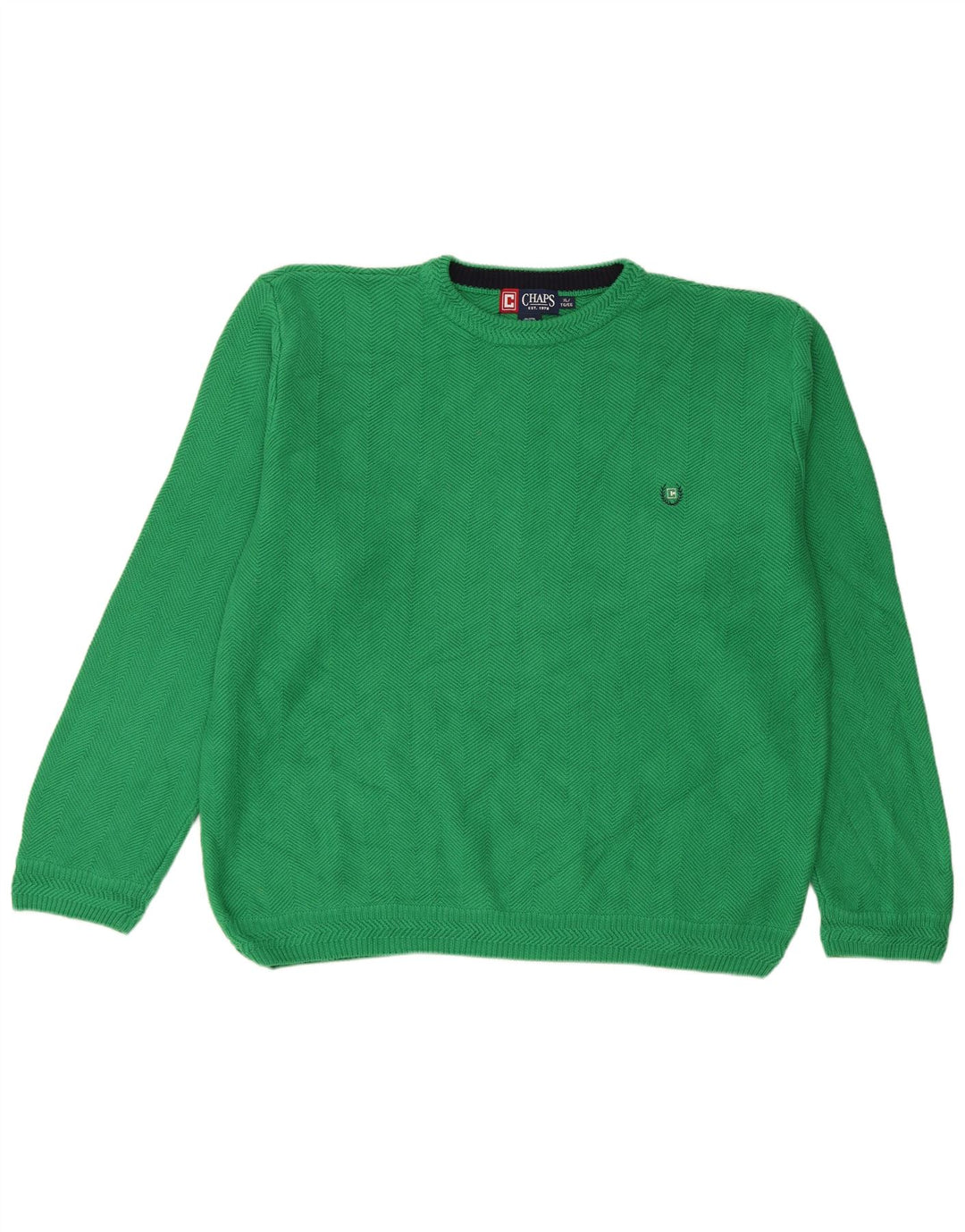 Chaps Mens Crew Neck Jumper Sweater XL Green Herringbone Cotton