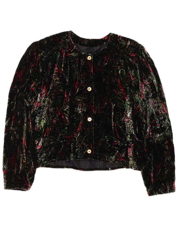 Vintage Womens Crop 4 Button Blazer Jacket UK 12 Medium Green Floral Retro