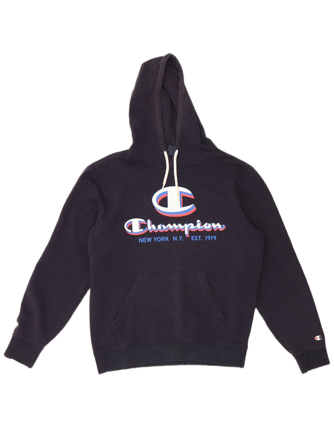 Champion Mens Graphic Hoodie Jumper Medium Navy Blue Cotton
