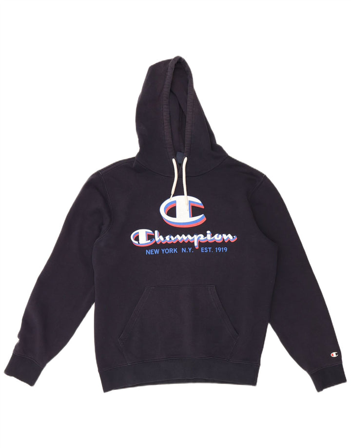 Champion Mens Graphic Hoodie Jumper Medium Navy Blue Cotton
