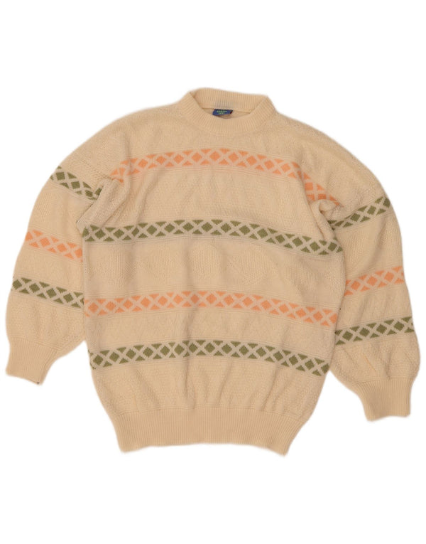 vintage Womens Turtle Neck Jumper Pull UK 16 Grand Off White Géométrique