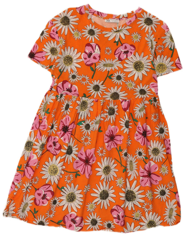 Abito a trapezio plissettato da donna Zara UK 10 piccolo cotone floreale arancione