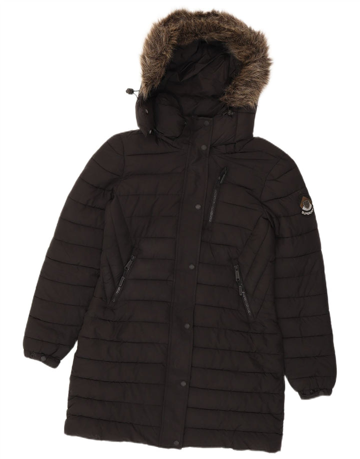 Superdry Abrigo acolchado con capucha para mujer, talla 40, poliéster negro pequeño