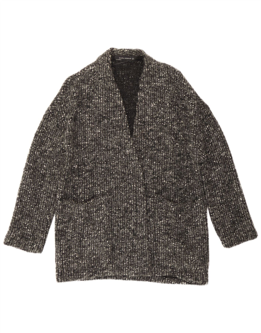 Zara Womens Oversized Open Cardigan Sweater UK 10 Small Grey Flecked Wool