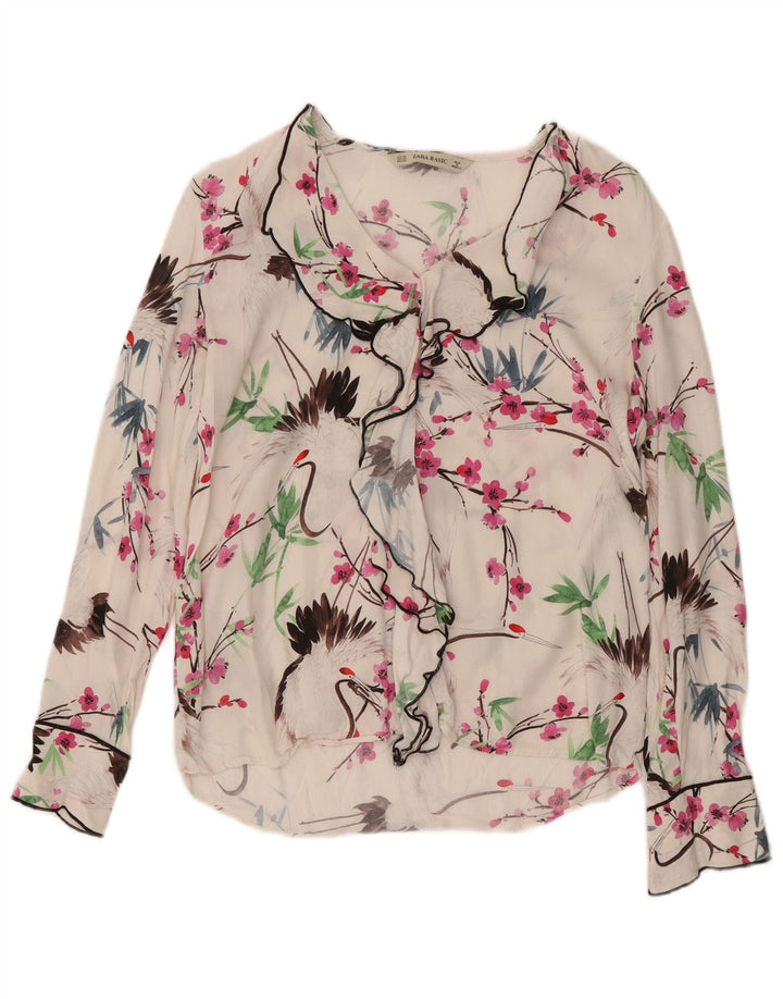 ZARA Womens Oversized Ruffle Front Blouse Top UK 6 XS White Floral