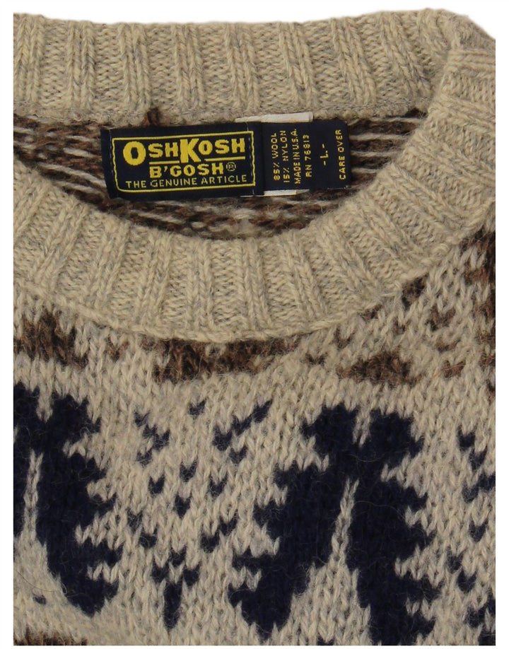 Osh Kosh Mens Boat Neck Jumper Sweater Large Grey Fair Isle Wool