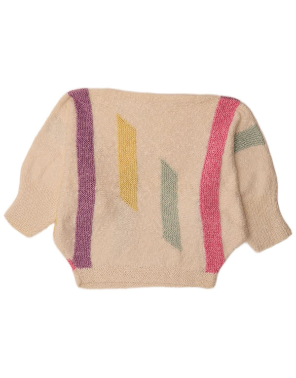 Vintage Dame Batwing Boat Neck Jumper Sweater UK 18 XL Hvid Colourblock