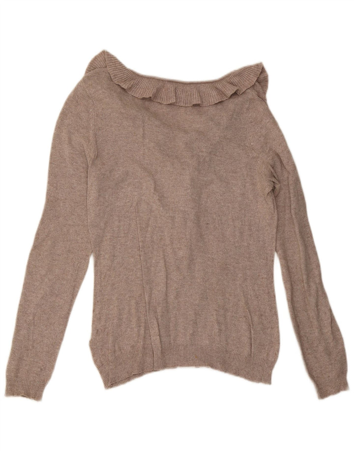 Zara Womens Ruffle Front V-Neck Jumper Sweater UK 12 Medium Beige Flecked