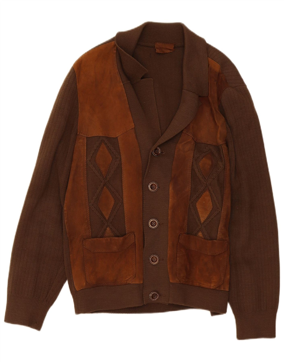 Vintage Mens Cardigan Sweater Medium Brown Colourblock
