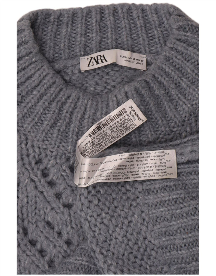 Zara Womens Crop Turtle Neck Jumper Sweater UK 12 Medium Blue Acrylic
