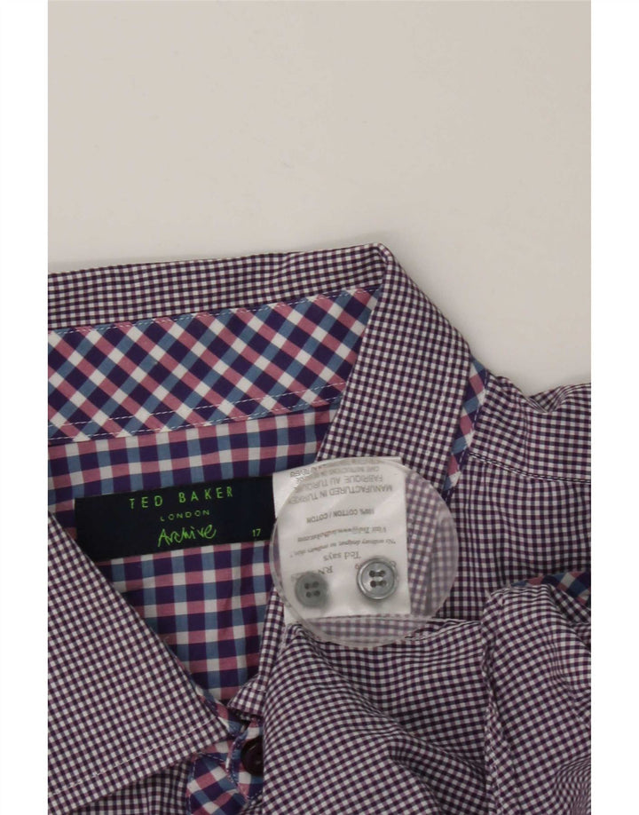 Ted Baker Mens Formal Shirt Size 17 Large Purple Gingham Cotton