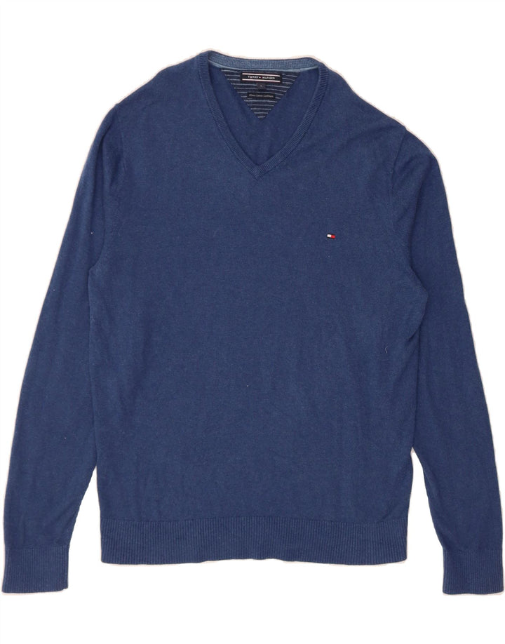 TOMMY HILFIGER Mens V-Neck Jumper Sweater Large Blue Cotton Vintage Tommy Hilfiger and Second-Hand Tommy Hilfiger from Messina Hembry 