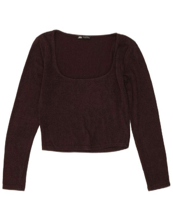 Zara Womens Crop Top Long Sleeve UK 12 Medium Brown Polyester