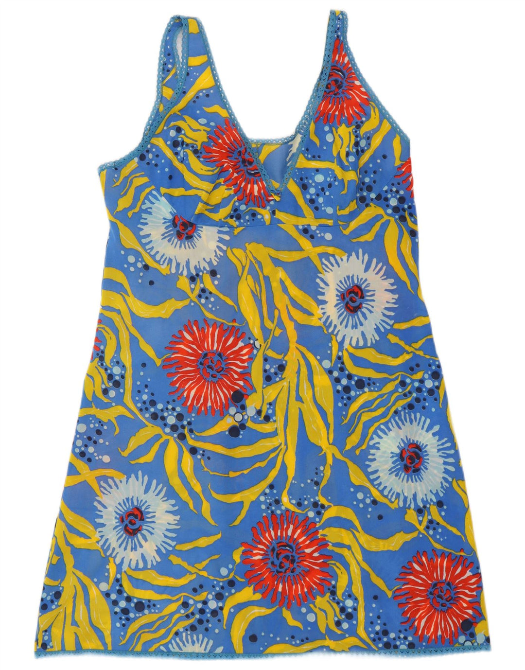 VINTAGE Kvinder abstrakt mønster Slip Dress UK 12 Medium Blue