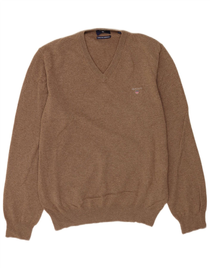 Gant Mens V-Neck Jumper Sweater Medium Brown Lambswool