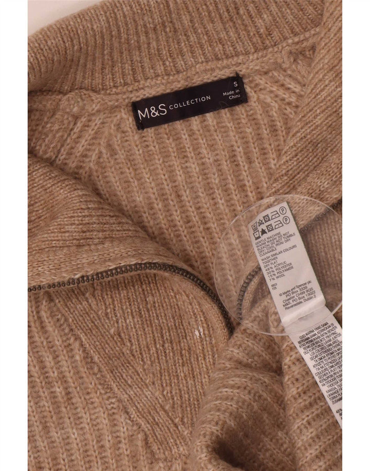 Marks & Spencer Womens Zip Neck Jumper Sweater UK 10 Small Brown Flecked