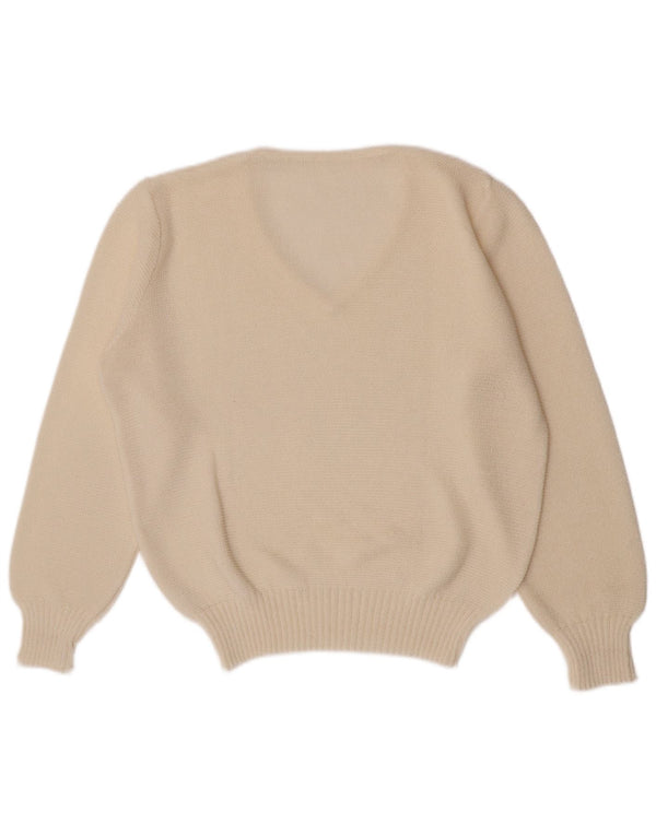 Maglione maglione vintage da donna con scollo a V vestibilità regolare UK 10 piccolo acrilico bianco