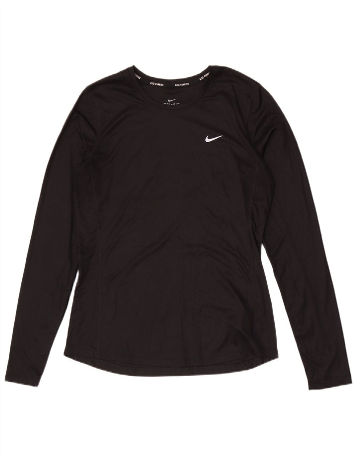 NIKE Top Dri Fit da donna a maniche lunghe UK 12 Medium Nero Poliestere