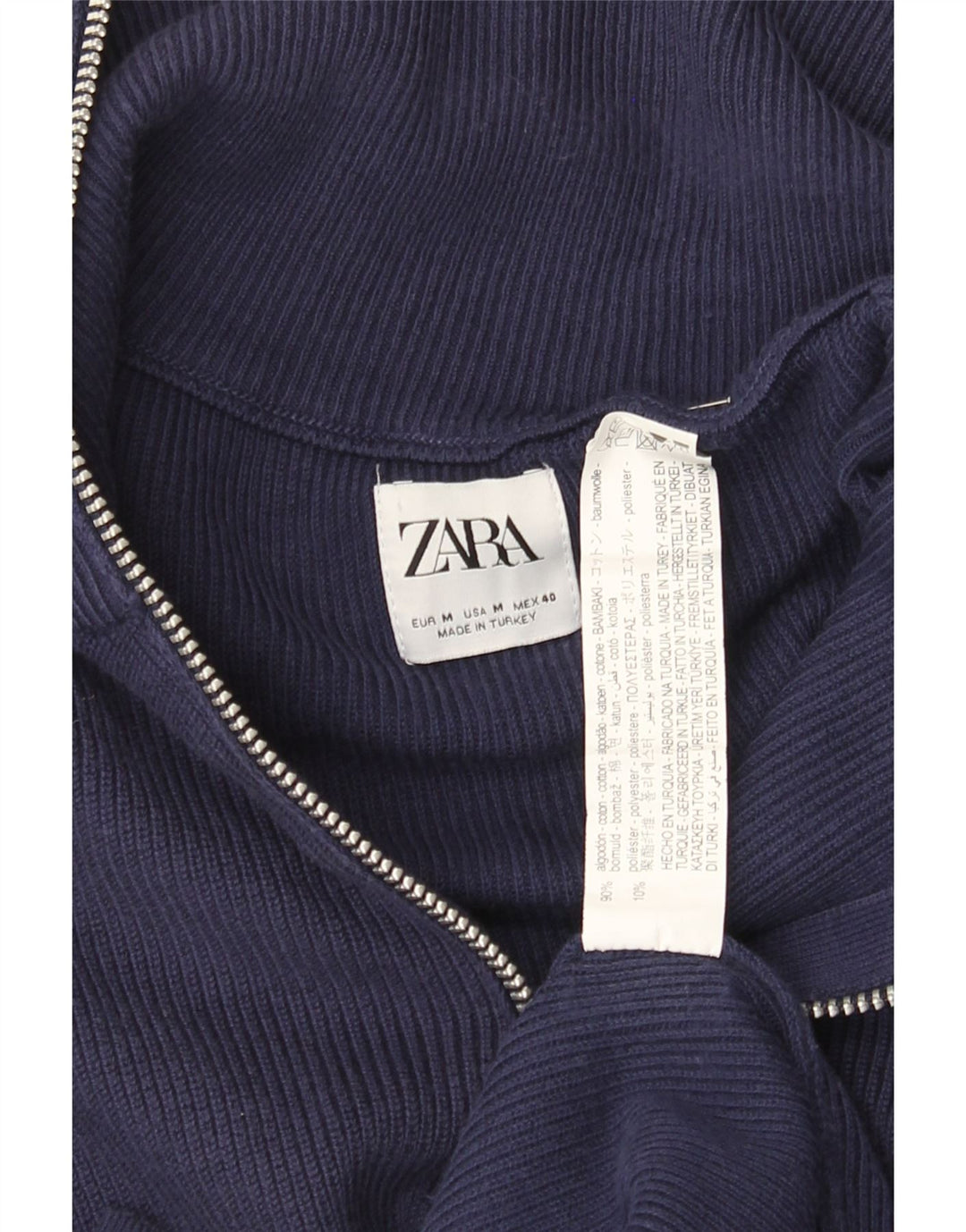 Zara Mens Zip Neck Jumper Sweater Medium Navy Blue Cotton