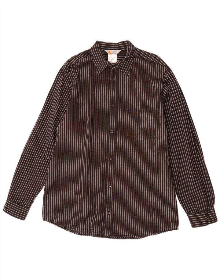 Carhartt Mens Shirt Large Brown Pinstripe Cotton