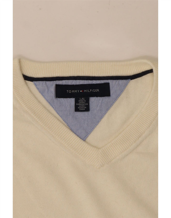 TOMMY HILFIGER Mens V-Neck Jumper Sweater Large Beige Cotton Vintage Tommy Hilfiger and Second-Hand Tommy Hilfiger from Messina Hembry 