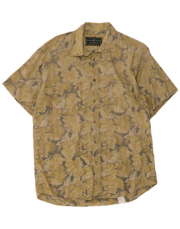 Vintage Mens Short Sleeve Shirt Large Green Floral Cotton
