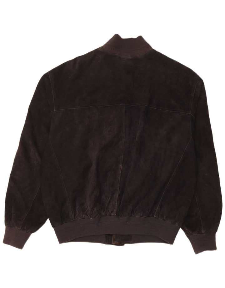 vintage Mens Suede Bomber Jacket IT 48 Cuir Noir Moyen