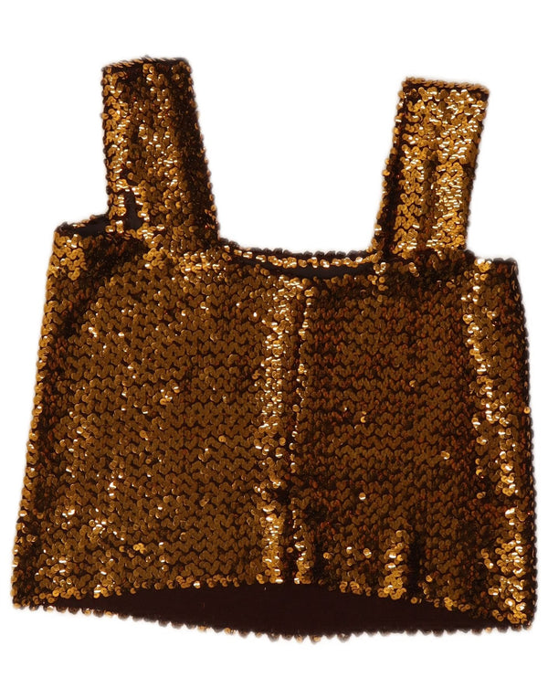 Vintage Damen Ärmelloses Pailletten-Crop-Top UK 12 Medium Gold