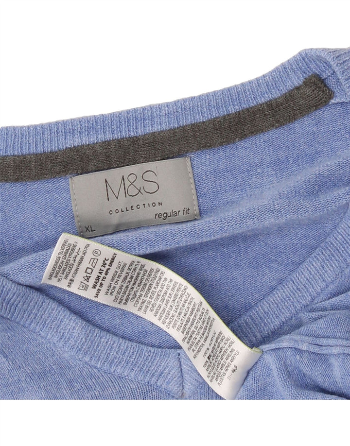 MARKS & SPENCER Mens Regular Fit V-Neck Jumper Sweater XL Blue Acrylic Vintage Marks & Spencer and Second-Hand Marks & Spencer from Messina Hembry 