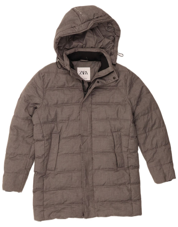 Zara Mens Abrigo acolchado con capucha UK 36 Small Gris Poliéster