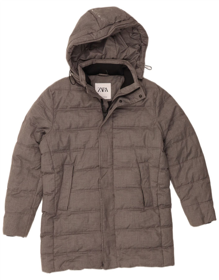 Zara Mens Hooded Padded Coat UK 36 Small Grey Polyester