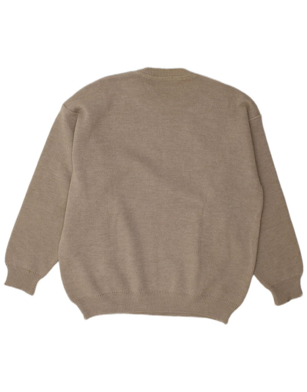 Vintage Mens Crew Neck Jumper Sweater Large Grey Striped Wool