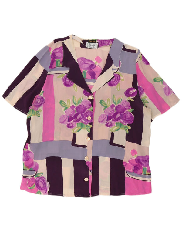 Vintage mujer camisa de manga corta blusa Reino Unido 18 XL seda floral púrpura