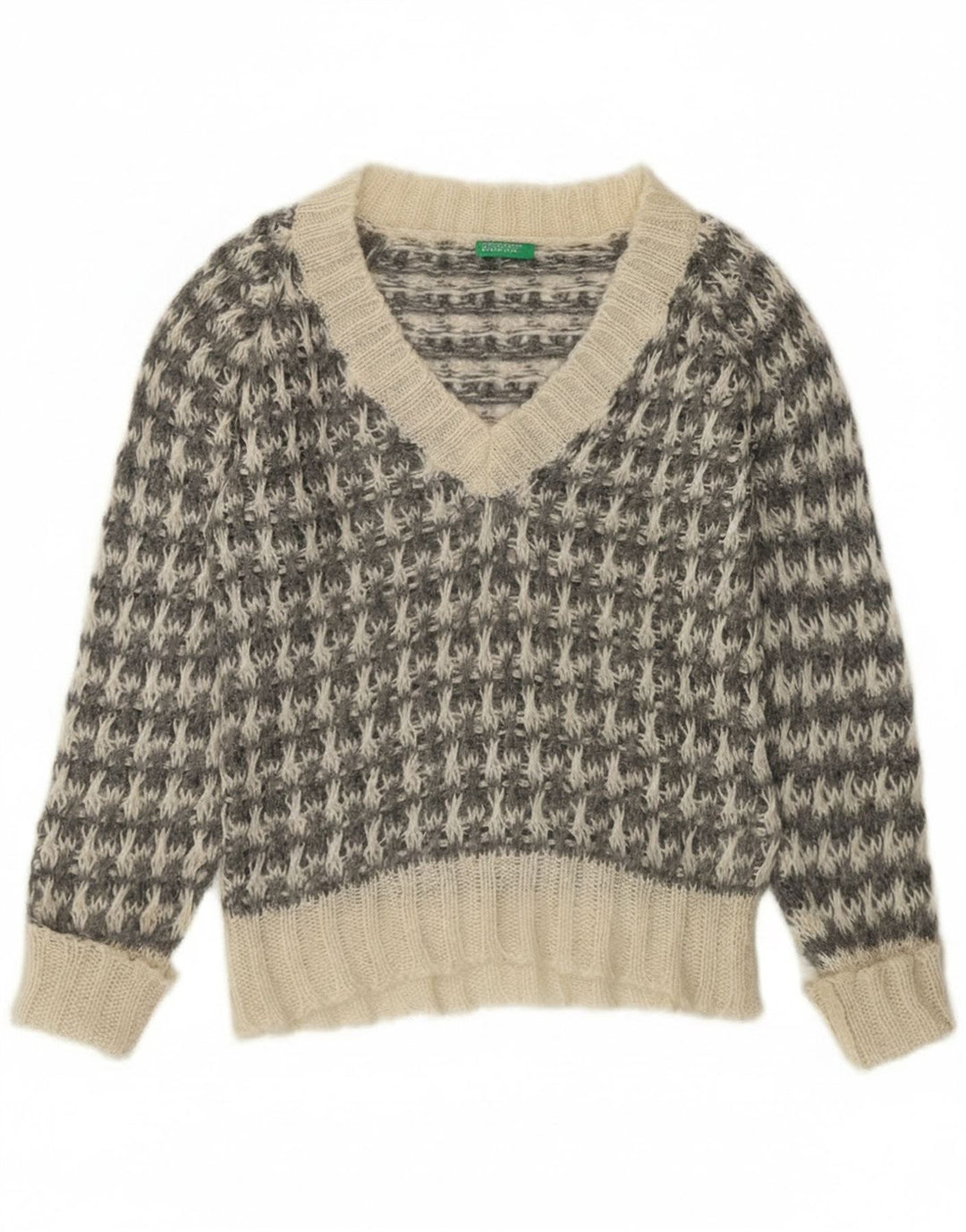 Benetton Damen-Pullover mit V-Ausschnitt, Gr. 14, Mittelgrau mit Hahnentrittmuster